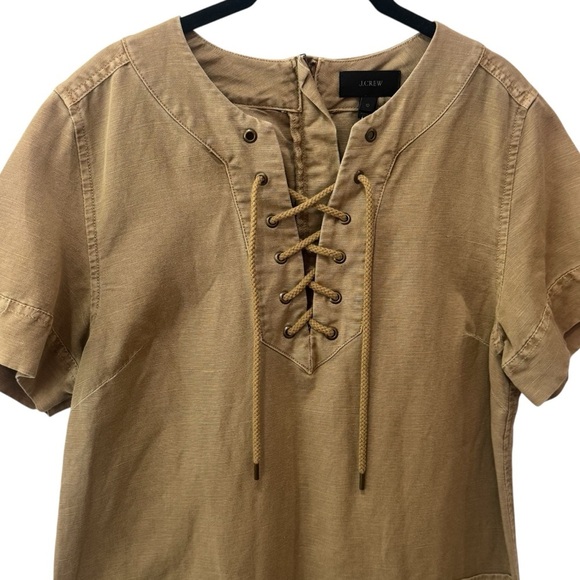 J. Crew Lace up V-Neck Canvas Short Sleeve Khaki Midi Dress Safari Summer 10 - Picture 3 of 10